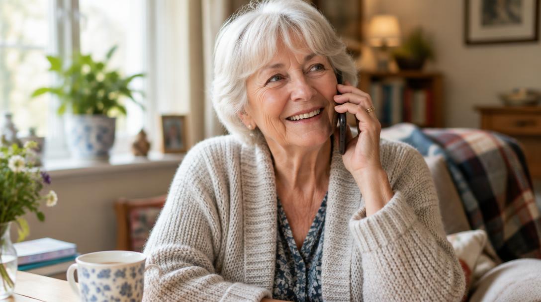 A woman in her seventies answering a call on her mobile phone at home