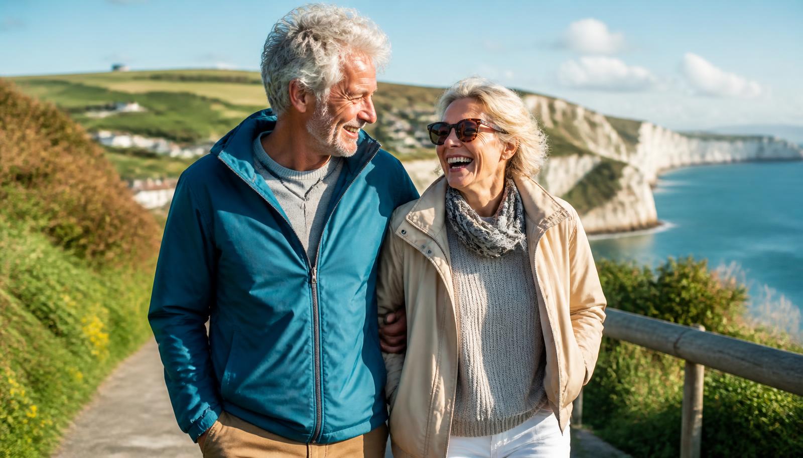 Energetic couple in their sixties enjoying a coastal walk