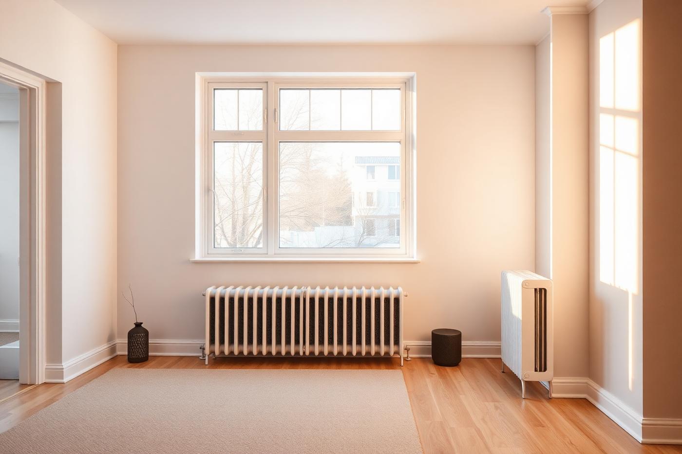 A bright living room with a warm radiator beneath a window.